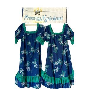 Vintage Princess Kaiulani Hawaiian MuuMuu Dress Hula Luau Mumu Blue/ Teal S-M